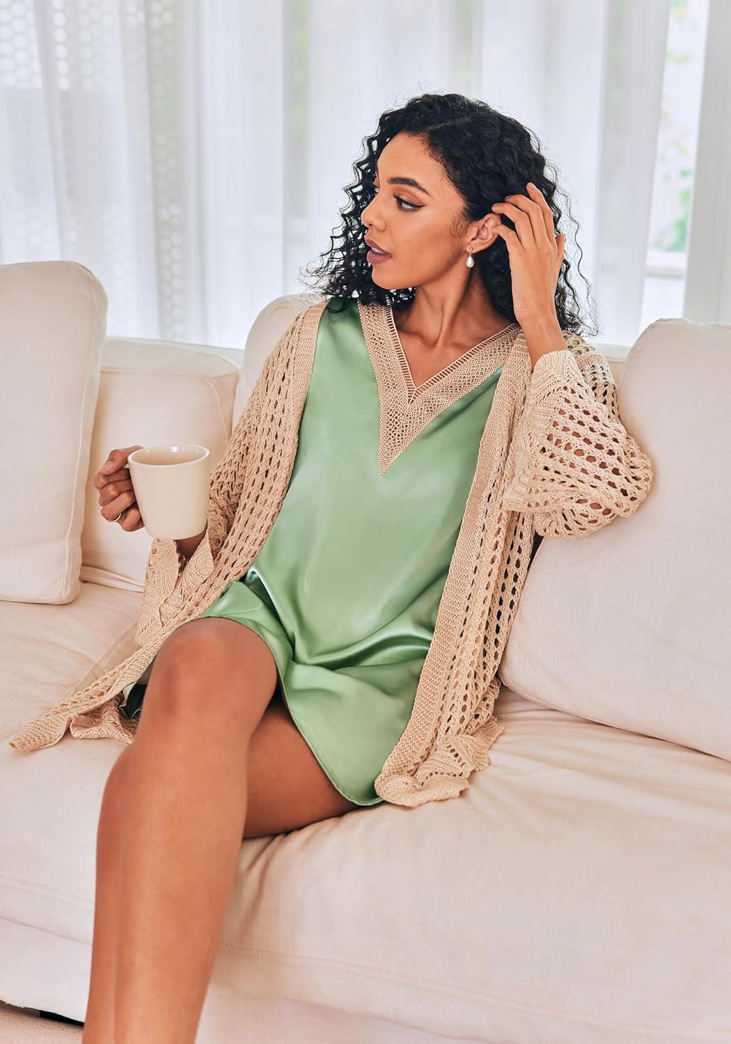 imageEkouaer Satin Nightgowns for Women Short Sleeve Nightshirt Silk Sleepwear Lace V Neck Pajama Dress SXXLLight Green