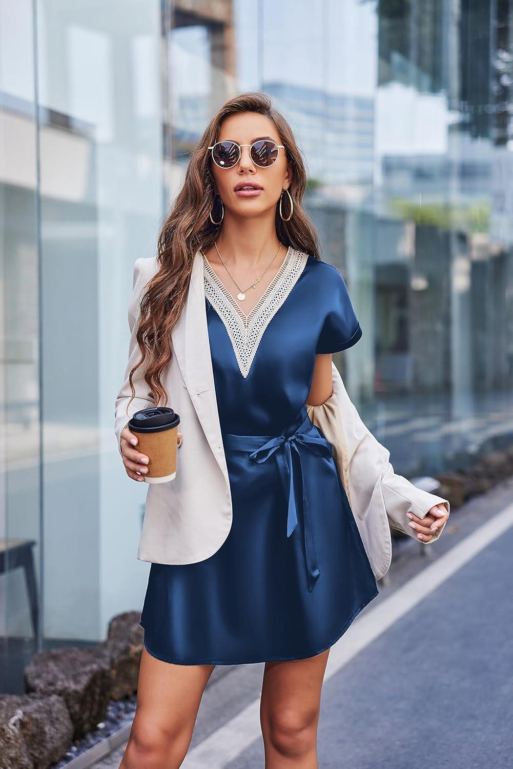 imageEkouaer Satin Nightgowns for Women Short Sleeve Nightshirt Silk Sleepwear Lace V Neck Pajama Dress SXXLNavy Blue