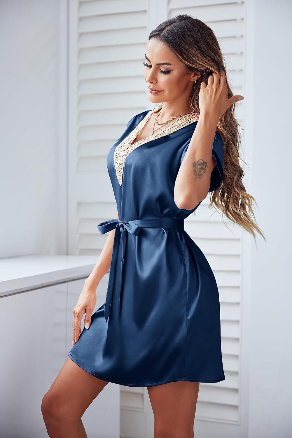 imageEkouaer Satin Nightgowns for Women Short Sleeve Nightshirt Silk Sleepwear Lace V Neck Pajama Dress SXXLNavy Blue