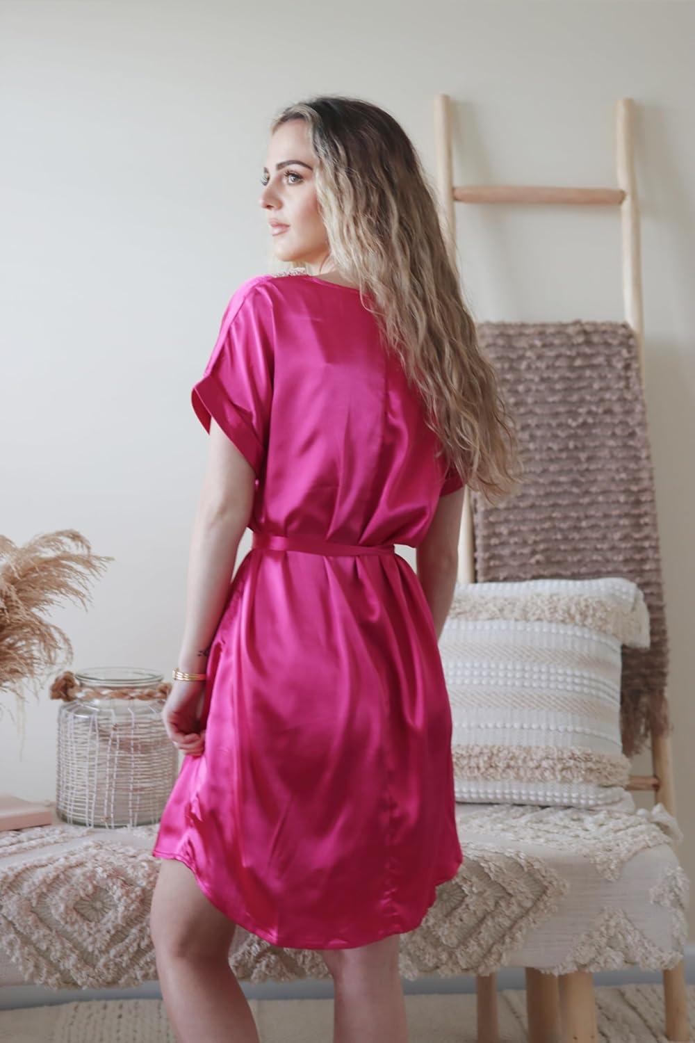 imageEkouaer Satin Nightgowns for Women Short Sleeve Nightshirt Silk Sleepwear Lace V Neck Pajama Dress SXXLRose Red