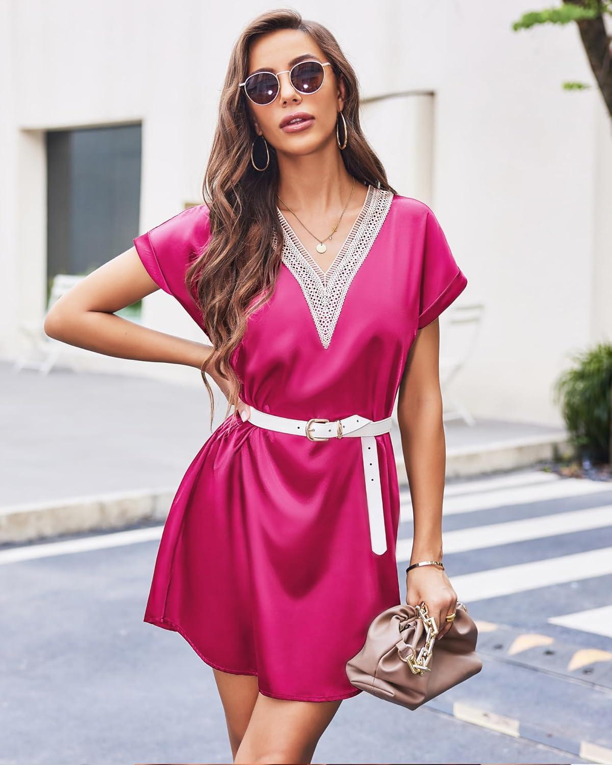 imageEkouaer Satin Nightgowns for Women Short Sleeve Nightshirt Silk Sleepwear Lace V Neck Pajama Dress SXXLRose Red