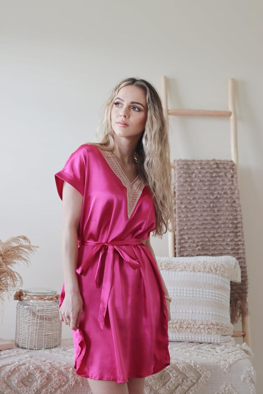 imageEkouaer Satin Nightgowns for Women Short Sleeve Nightshirt Silk Sleepwear Lace V Neck Pajama Dress SXXLRose Red