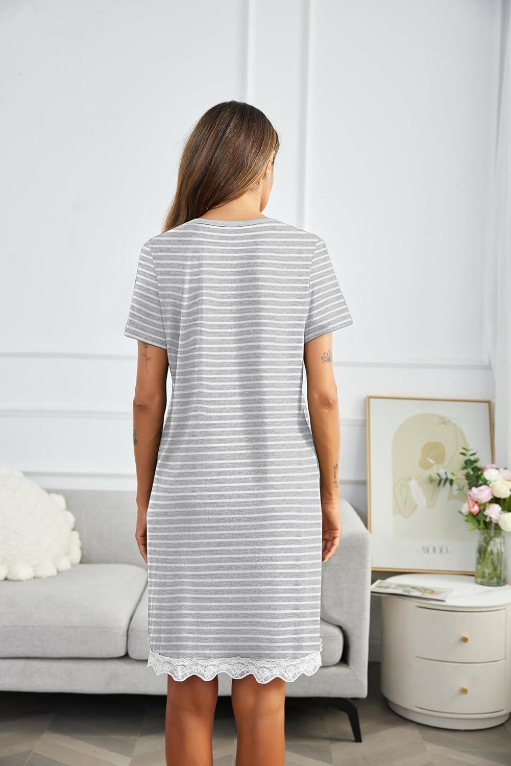 imageEkouaer Women Striped Nightgowns Button Down Sleepshirts Short Sleeves Nightshirts01 Aagrey Striped