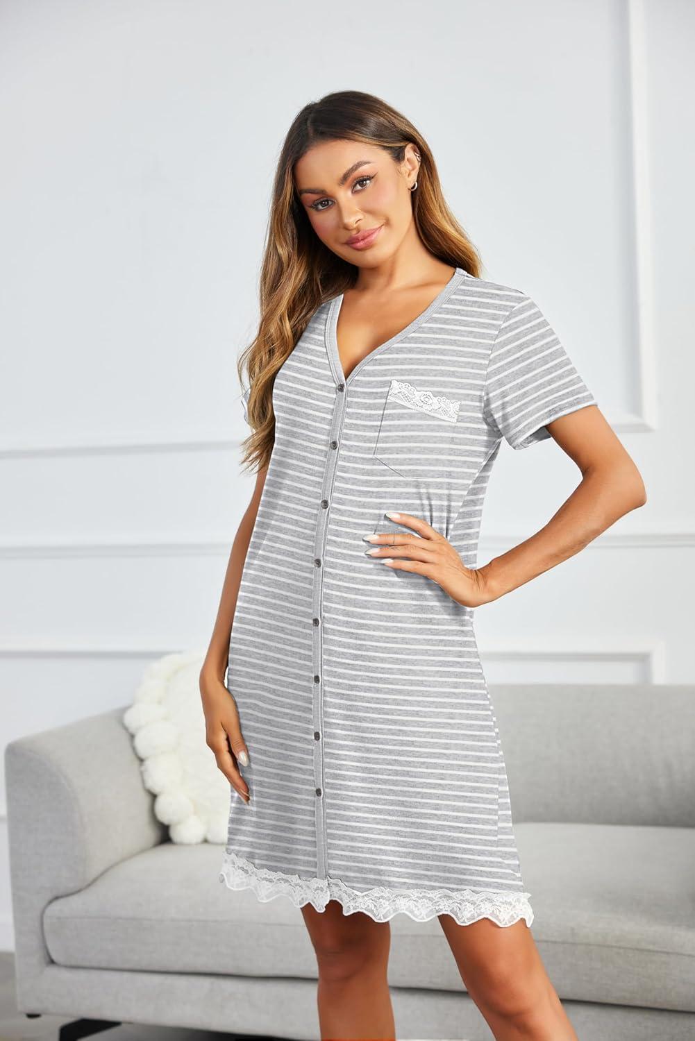 imageEkouaer Women Striped Nightgowns Button Down Sleepshirts Short Sleeves Nightshirts01 Aagrey Striped