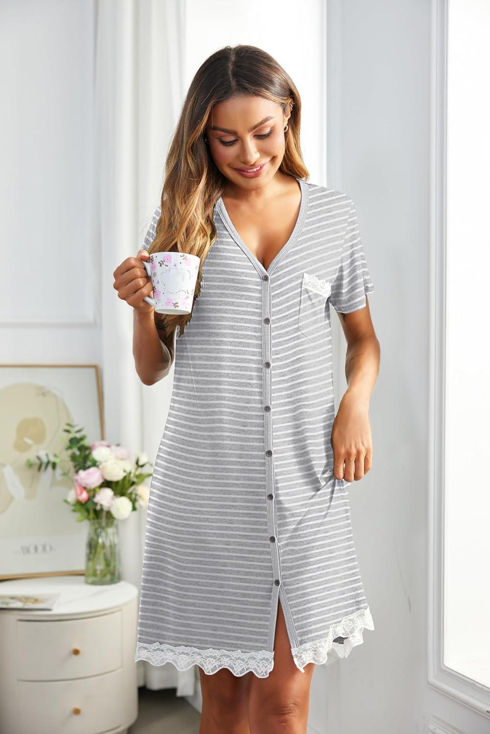 imageEkouaer Women Striped Nightgowns Button Down Sleepshirts Short Sleeves Nightshirts01 Aagrey Striped