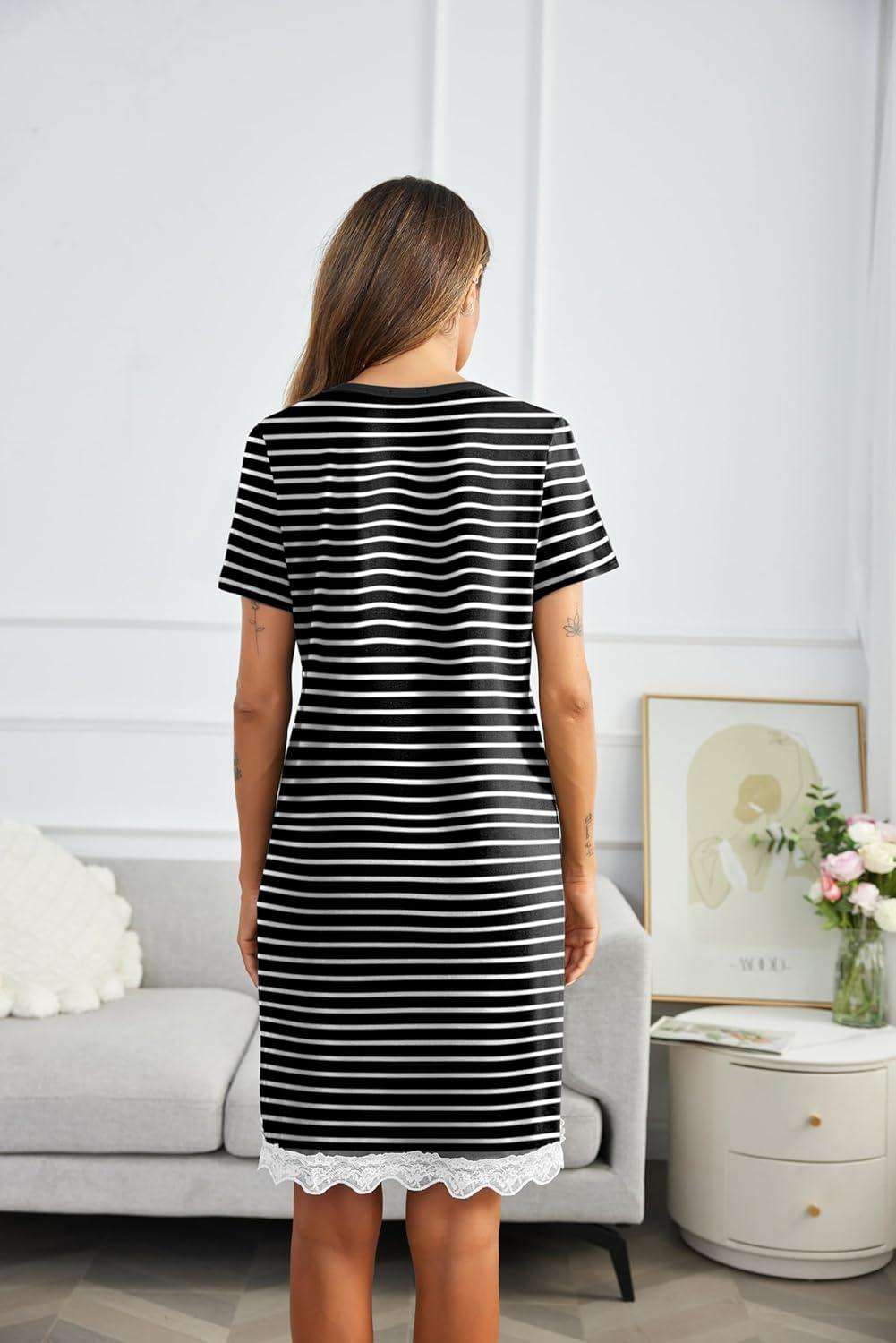 imageEkouaer Women Striped Nightgowns Button Down Sleepshirts Short Sleeves NightshirtsAbblack Striped