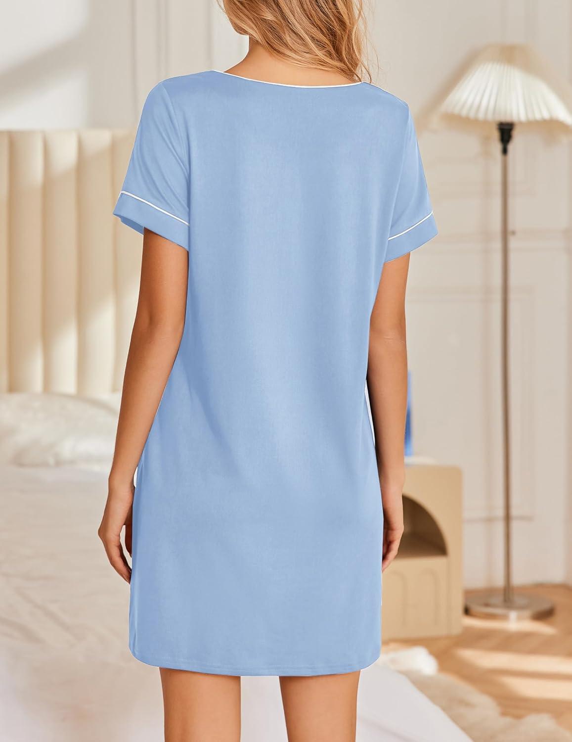 imageEkouaer Womens Nightgowns Short Sleeve Nightshirt Soft Night Gown Ladies Nightdress Comfy Pajama DressLight Blue