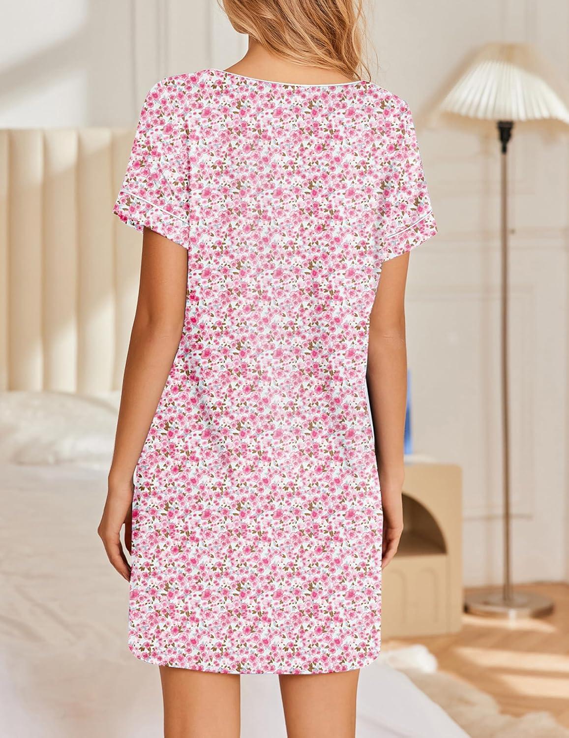 imageEkouaer Womens Nightgowns Short Sleeve Nightshirt Soft Night Gown Ladies Nightdress Comfy Pajama DressPink Floral
