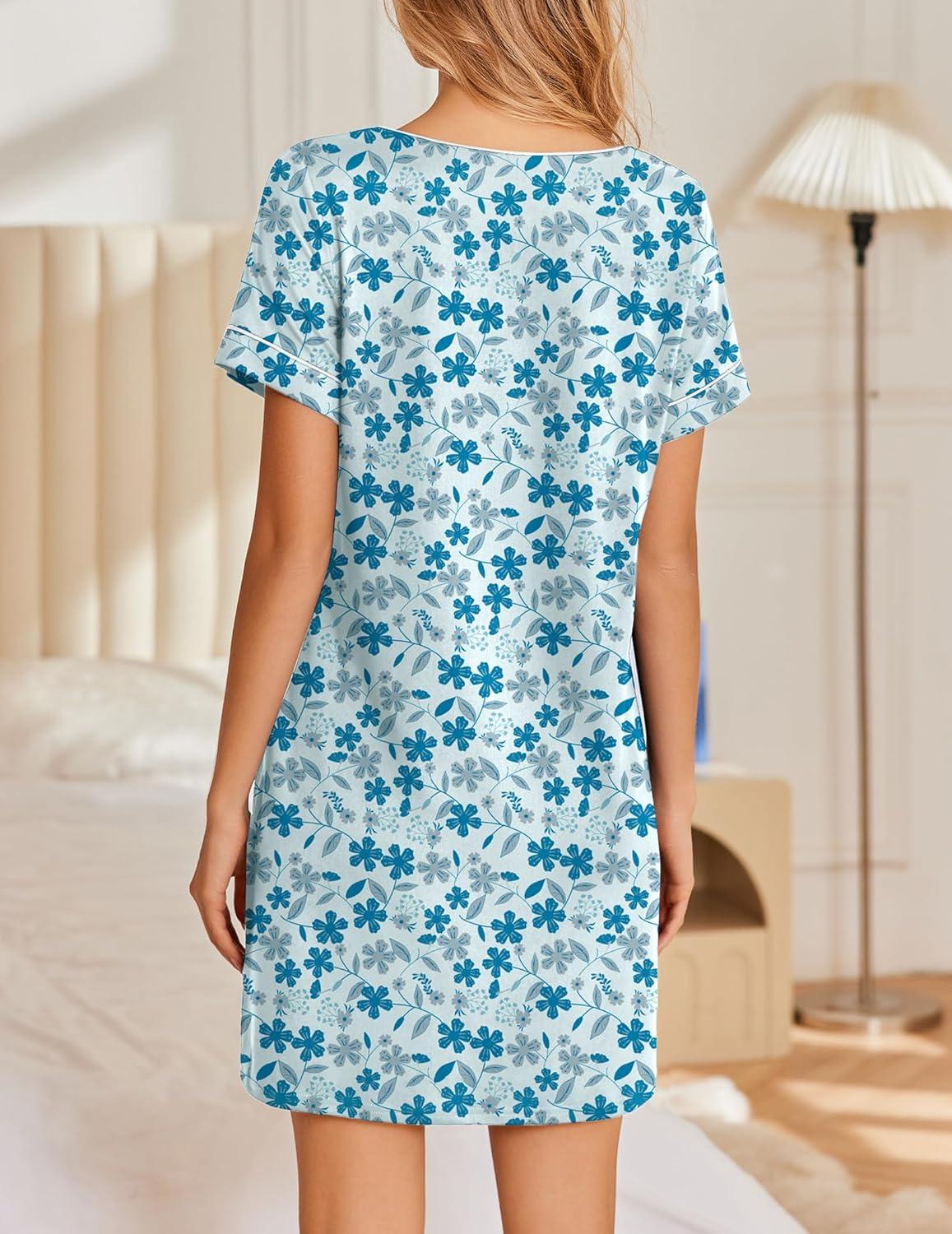 imageEkouaer Womens Nightgowns Short Sleeve Nightshirt Soft Night Gown Ladies Nightdress Comfy Pajama DressWhite Blue Floral