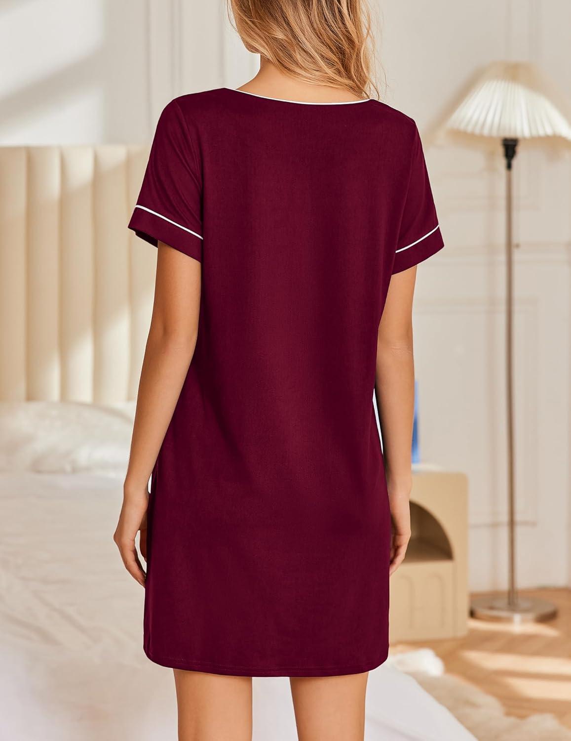 imageEkouaer Womens Nightgowns Short Sleeve Nightshirt Soft Night Gown Ladies Nightdress Comfy Pajama DressWine Red