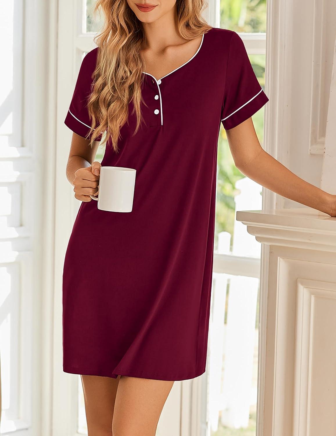 imageEkouaer Womens Nightgowns Short Sleeve Nightshirt Soft Night Gown Ladies Nightdress Comfy Pajama DressWine Red