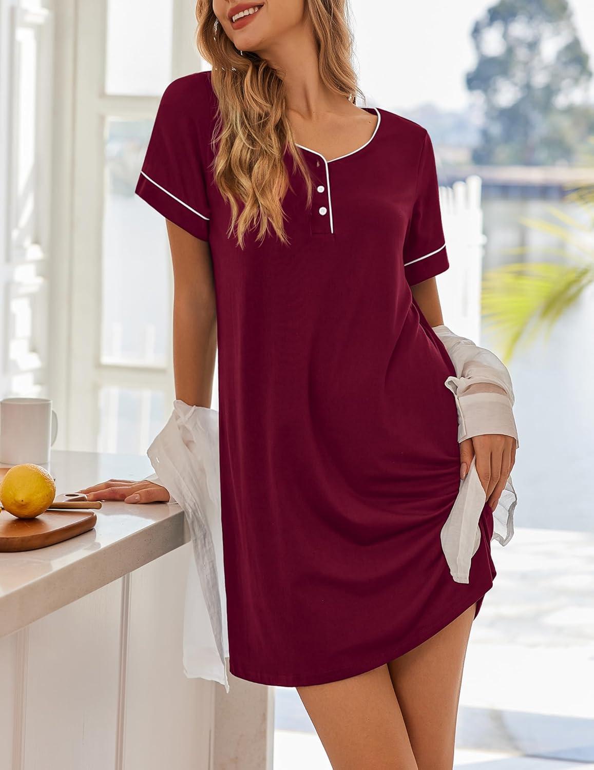 imageEkouaer Womens Nightgowns Short Sleeve Nightshirt Soft Night Gown Ladies Nightdress Comfy Pajama DressWine Red