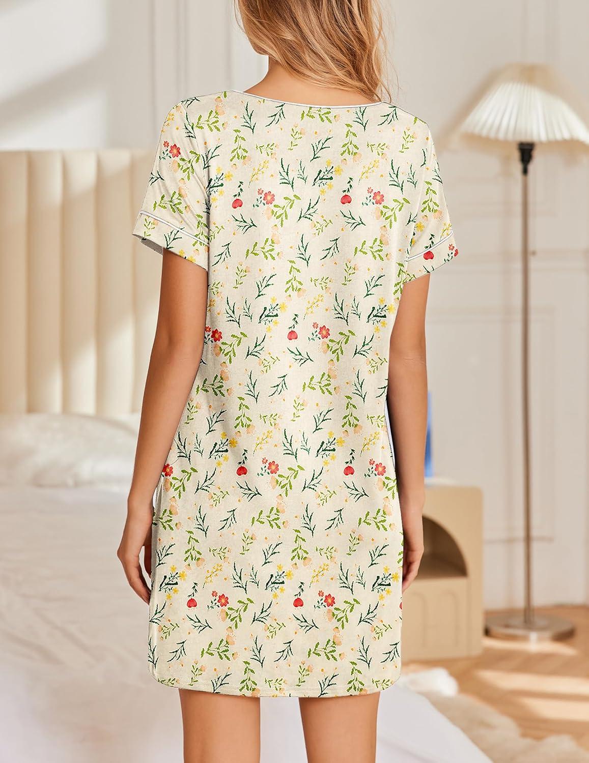 imageEkouaer Womens Nightgowns Short Sleeve Nightshirt Soft Night Gown Ladies Nightdress Comfy Pajama DressYellow Floral