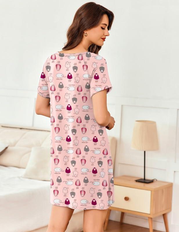 imageEkouaer Womens Sleep Shirt Short Sleeve Night Shirts Pullover Nightgown Soft Nightdress Sleepwear SXXLSheep