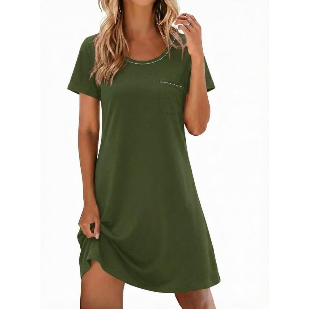 imageEkouaer Cotton Nightgowns for Women Soft Sleep Shirt with Pocket Short Sleeve Crewneck Nightshirts SXXLArmy Green