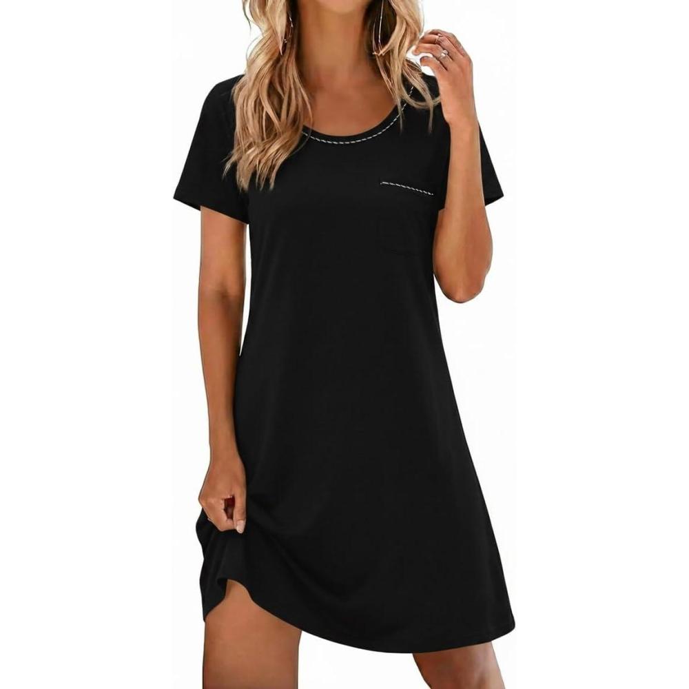 imageEkouaer Cotton Nightgowns for Women Soft Sleep Shirt with Pocket Short Sleeve Crewneck Nightshirts SXXLBlack