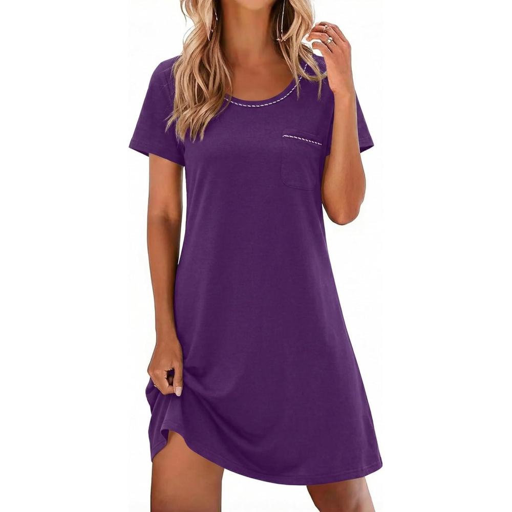 imageEkouaer Cotton Nightgowns for Women Soft Sleep Shirt with Pocket Short Sleeve Crewneck Nightshirts SXXLPurple