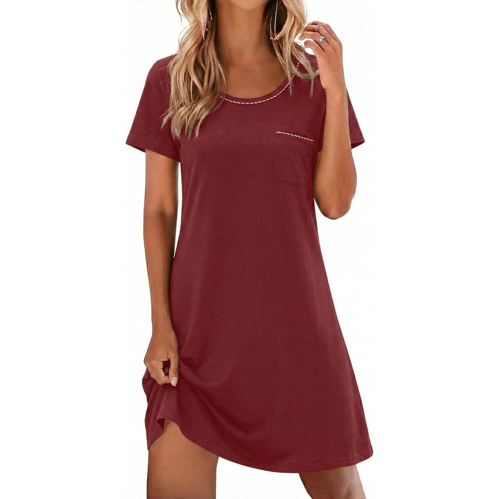 imageEkouaer Cotton Nightgowns for Women Soft Sleep Shirt with Pocket Short Sleeve Crewneck Nightshirts SXXLWine Red
