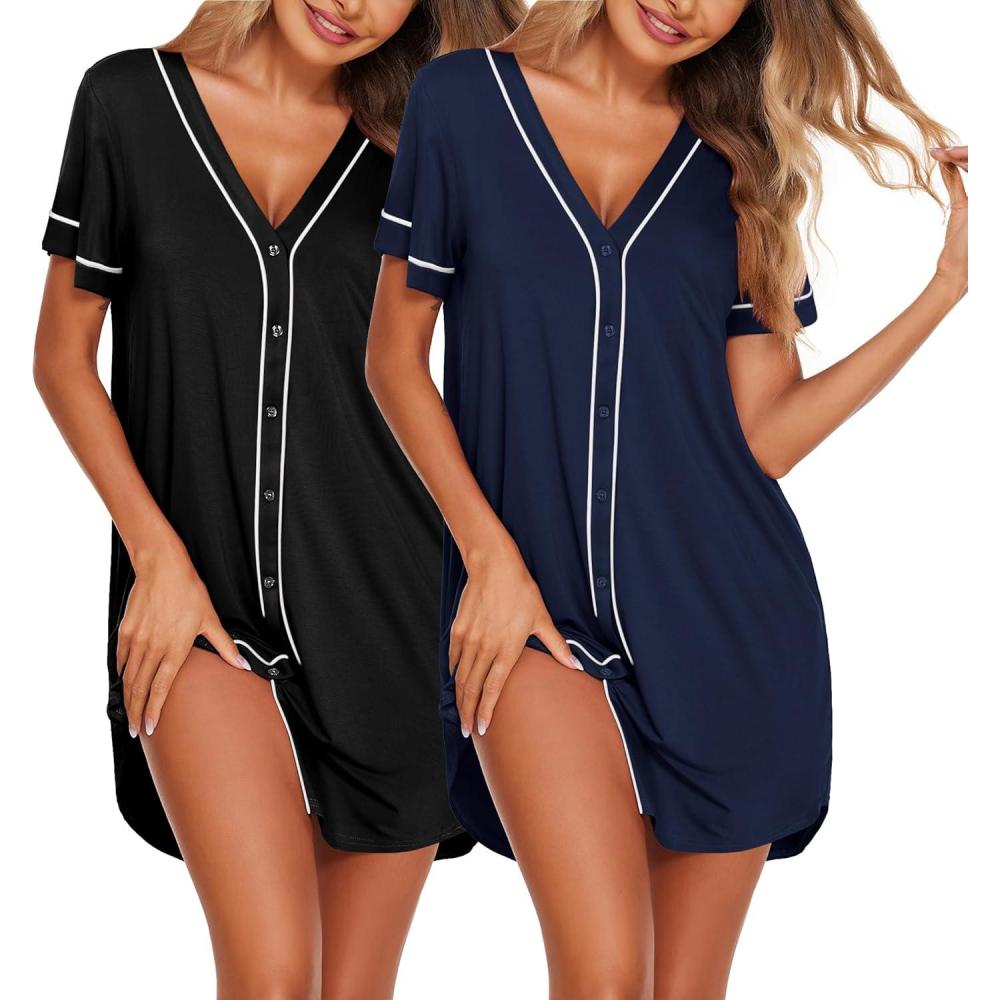 imageEkouaer Nightgowns for Women 2 Pack Button Down Sleep Shirts Short Sleeve Night Shirts V Neck Sleepwear Soft Pajama DressBlackNavy Blue