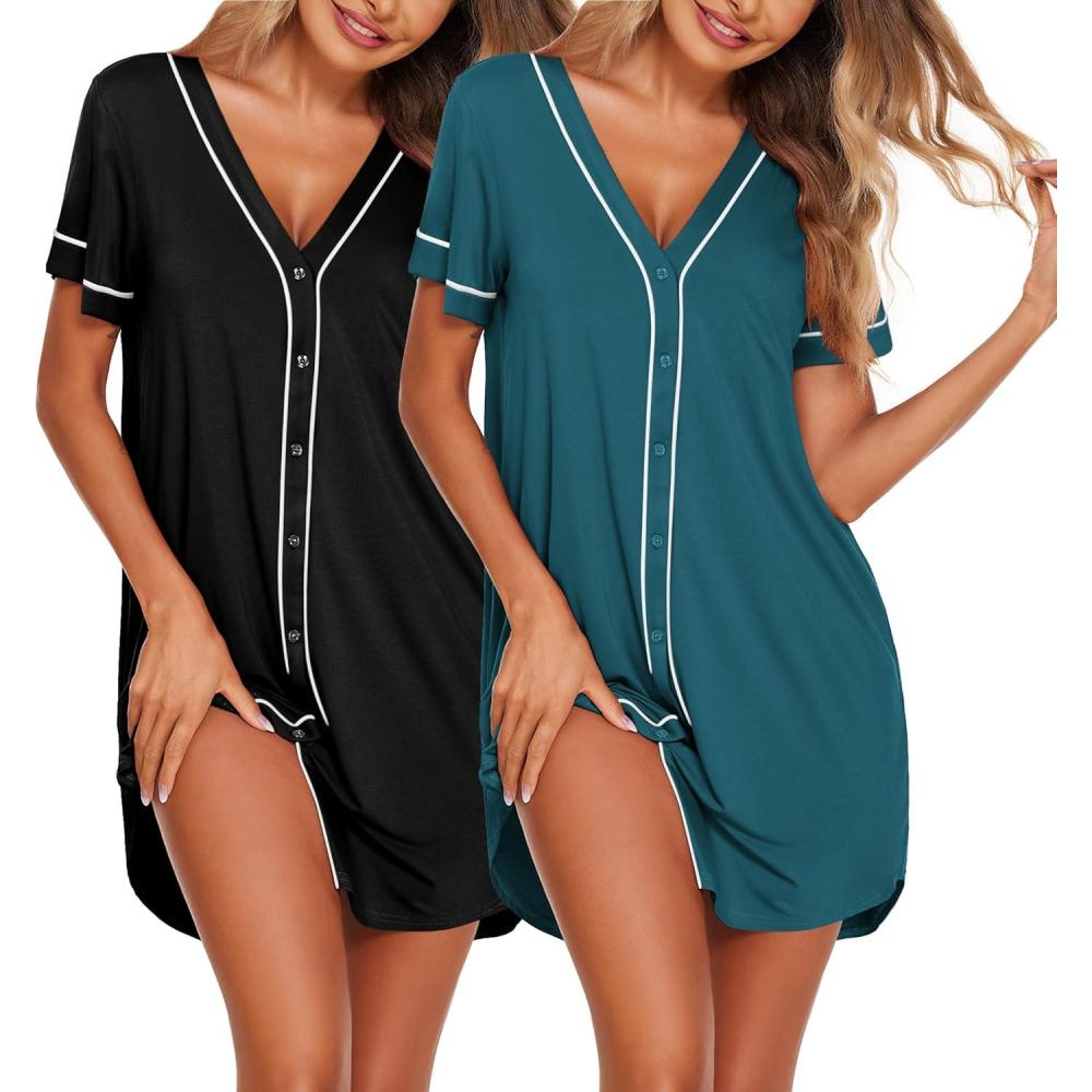 imageEkouaer Nightgowns for Women 2 Pack Button Down Sleep Shirts Short Sleeve Night Shirts V Neck Sleepwear Soft Pajama DressBlackPeacock Blue