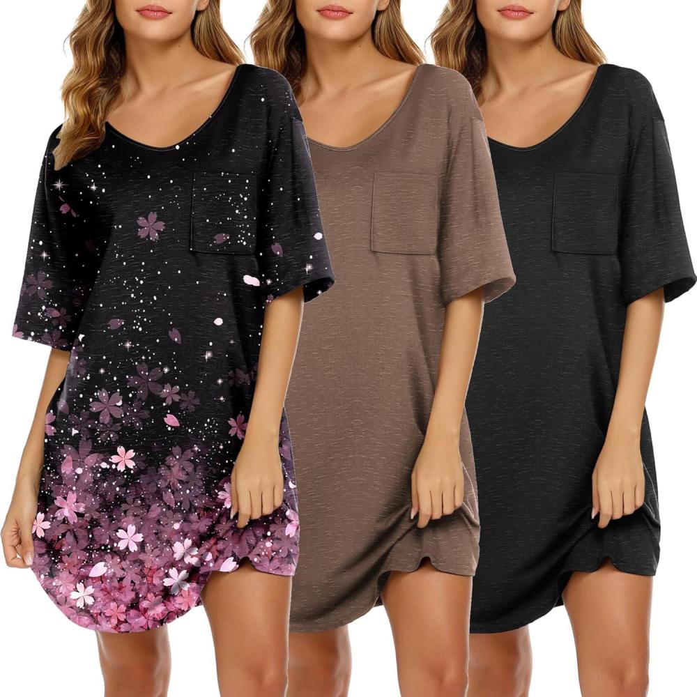 imageEkouaer Nightgowns for Women 3 Pack Sleepshirt Short Sleeve Nightshirt V Neck Sleepdress Oversized SleepwearBlackbrowncherry Blossoms