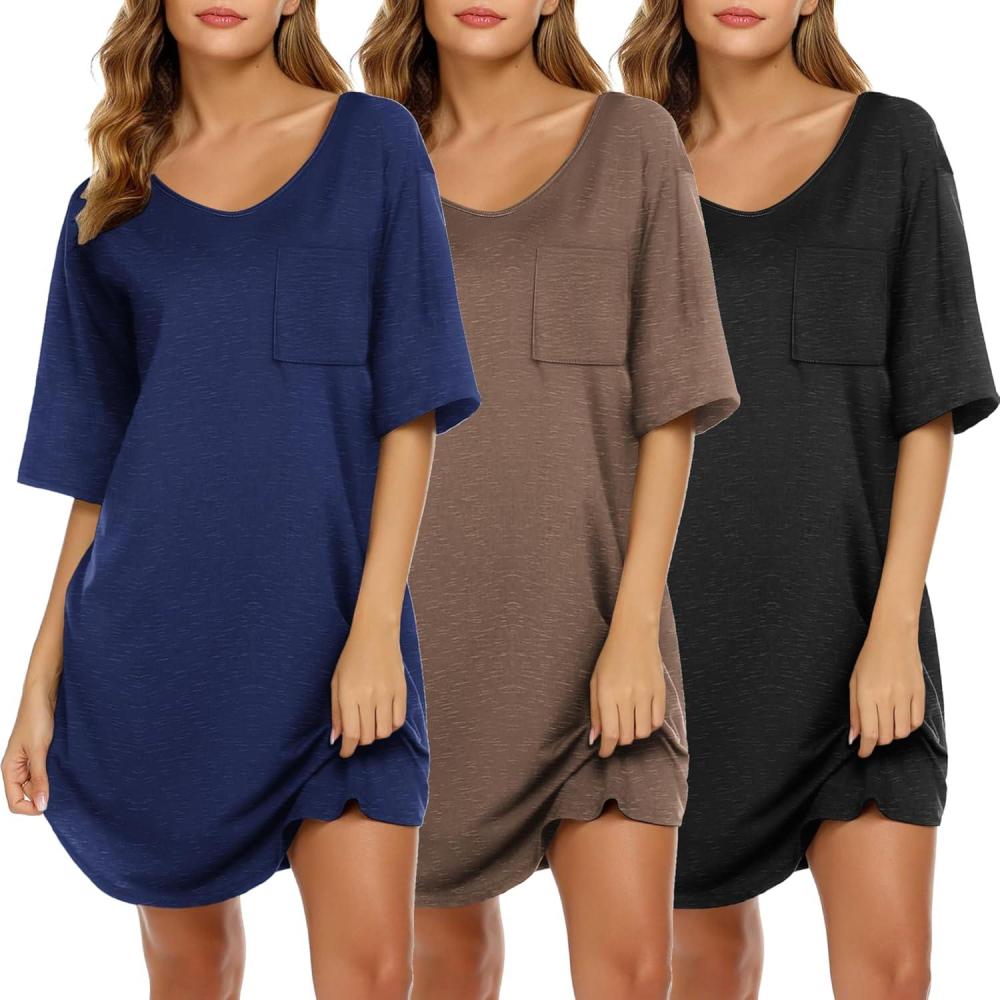 imageEkouaer Nightgowns for Women 3 Pack Sleepshirt Short Sleeve Nightshirt V Neck Sleepdress Oversized SleepwearBlacknavy Bluebrown