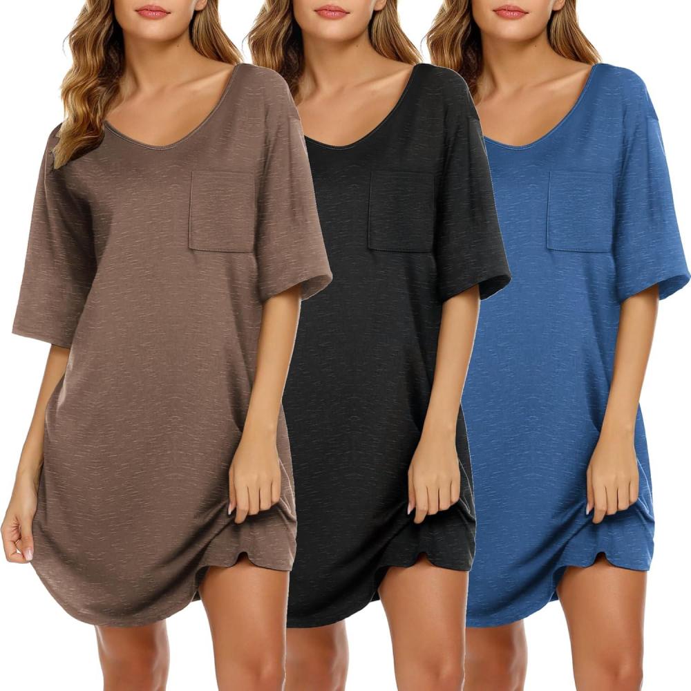 imageEkouaer Nightgowns for Women 3 Pack Sleepshirt Short Sleeve Nightshirt V Neck Sleepdress Oversized SleepwearBlackpeacock Bluebrown
