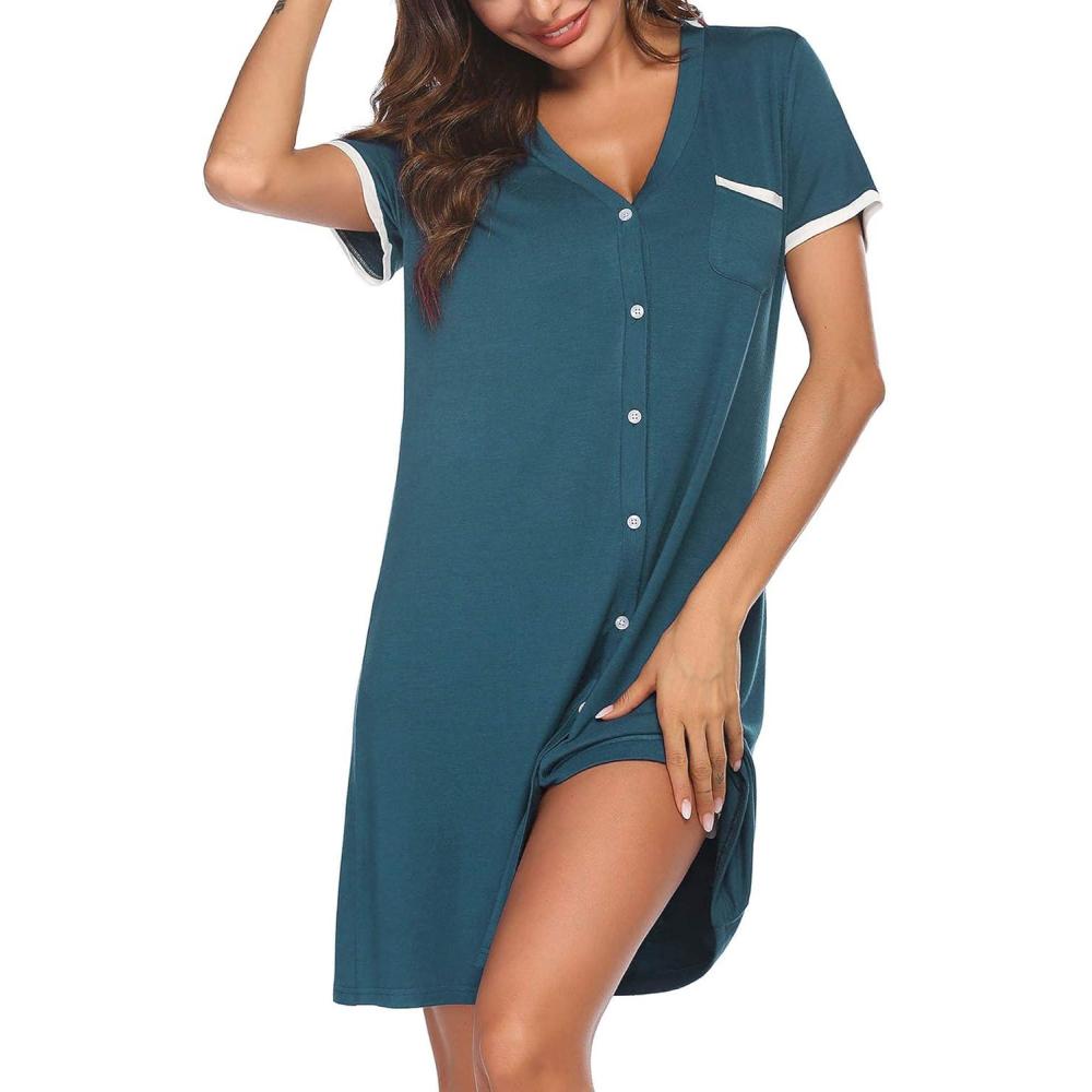 imageEkouaer Nightgowns for Women Button Down Pajamas Tops Short Sleeve Sleepwear VNeck Sleepwear S3XLBlue  Green