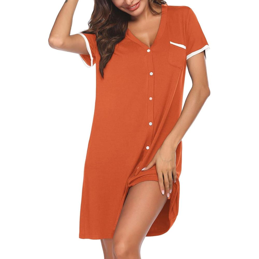 imageEkouaer Nightgowns for Women Button Down Pajamas Tops Short Sleeve Sleepwear VNeck Sleepwear S3XLCaramel