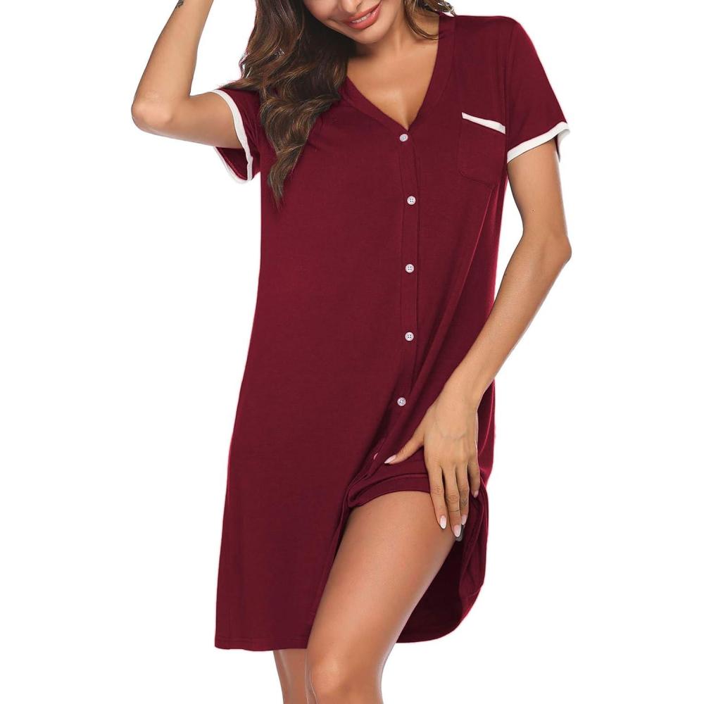 imageEkouaer Nightgowns for Women Button Down Pajamas Tops Short Sleeve Sleepwear VNeck Sleepwear S3XLWine Red