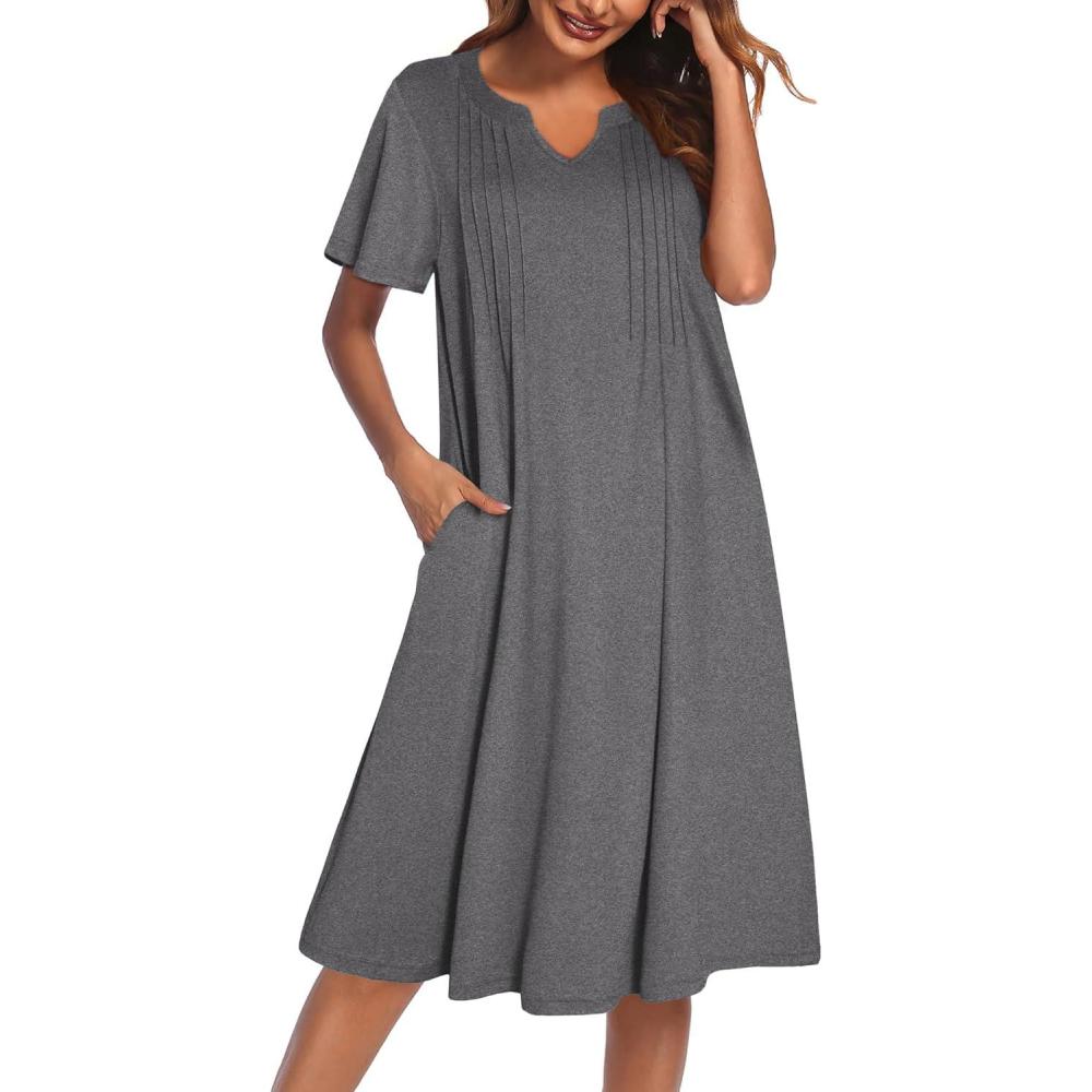 imageEkouaer Nightgowns for Women Short Sleeve House Dress Pleated Moo Moos V Neck Lounge Dress with PocketsDark Grey