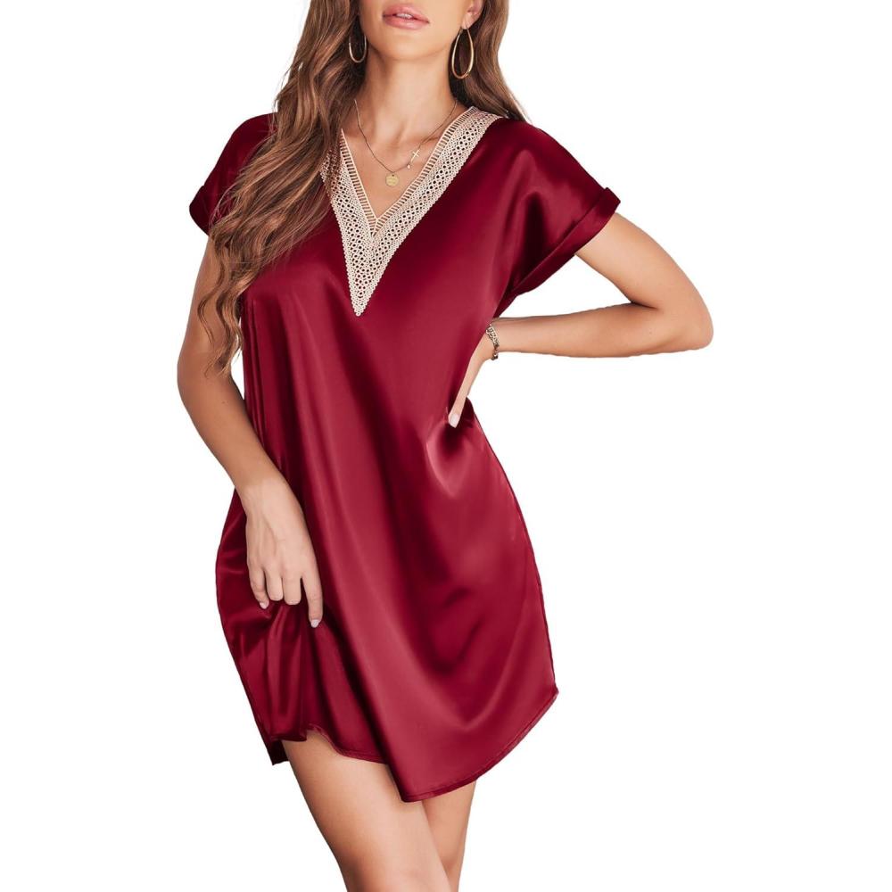 imageEkouaer Satin Nightgowns for Women Short Sleeve Nightshirt Silk Sleepwear Lace V Neck Pajama Dress SXXLWine Red