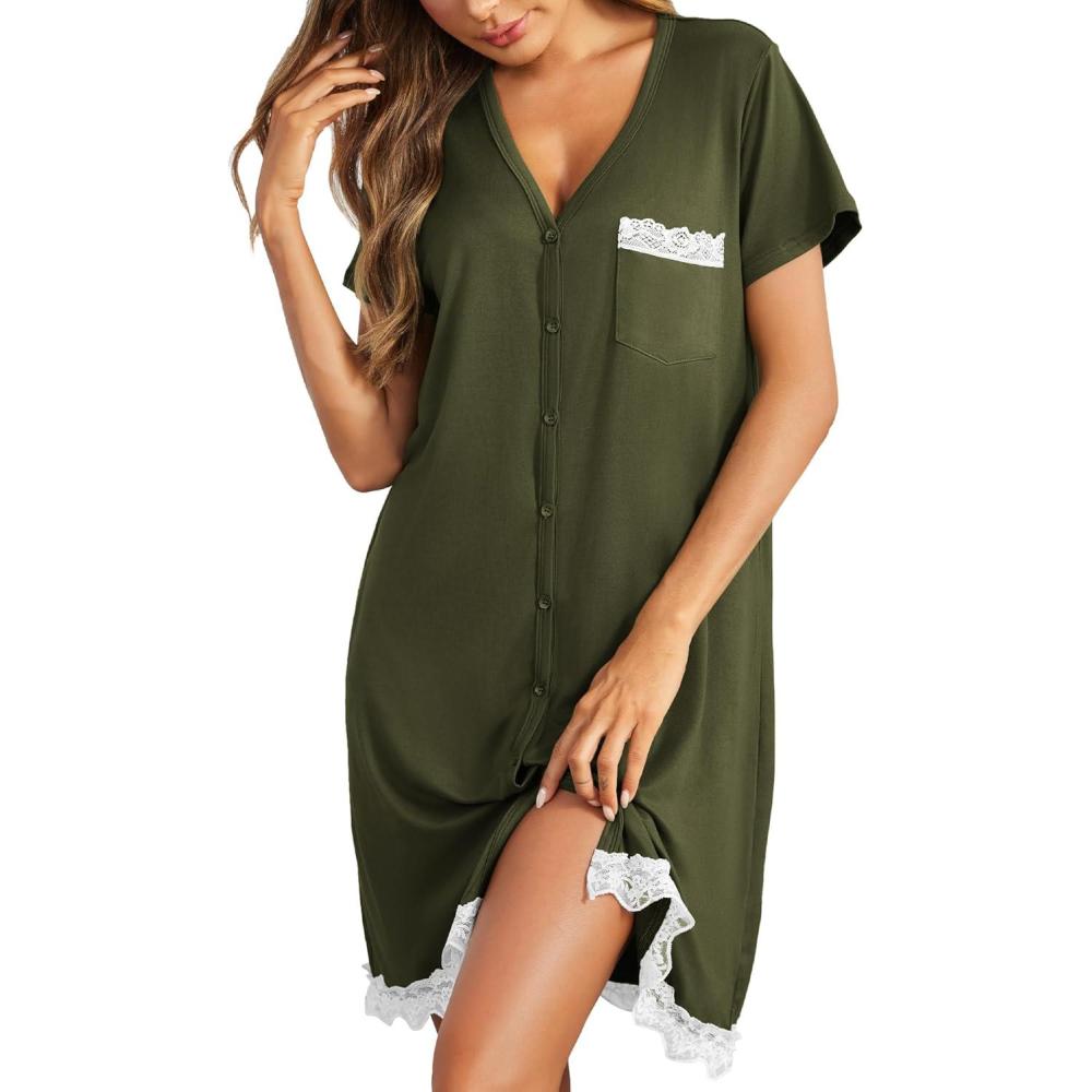 imageEkouaer Women Striped Nightgowns Button Down Sleepshirts Short Sleeves NightshirtsArmy Green