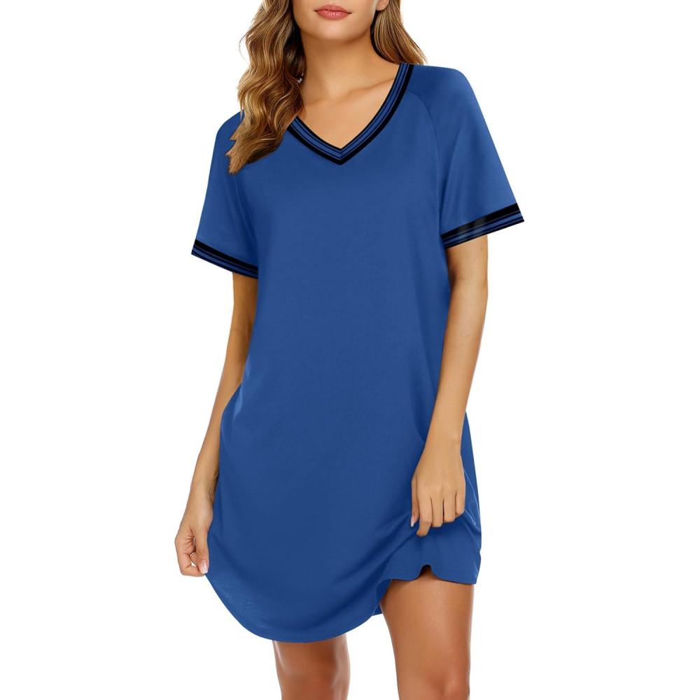 imageEkouaer Womens Nightgown Short Sleeve Sleepshirt V Neck Sleepdress Casual Nightshirt Sleepwear Loungewear SXXXLBlue