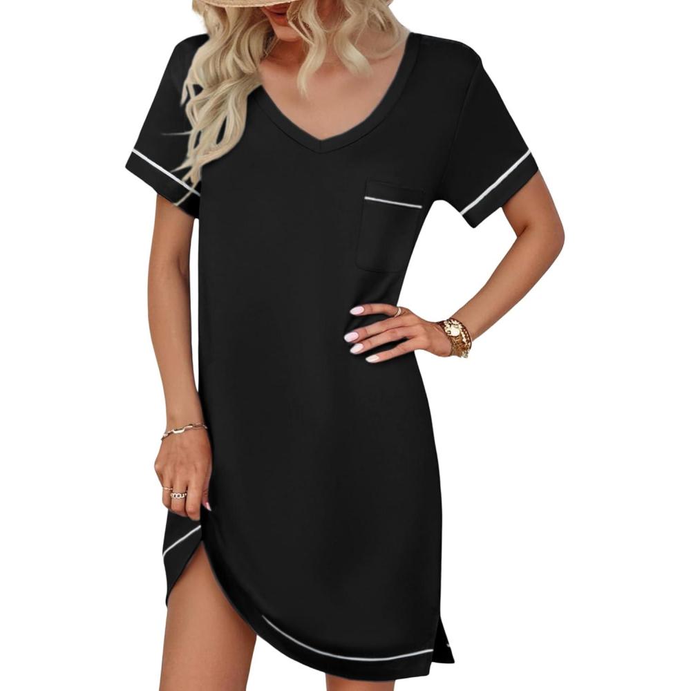 imageEkouaer Womens Nightgowns for Women Short Sleeves V Neck Sleepwear Plus Size Sleepshirt Short Nightshirt Tshirts Dress SXXLBlack