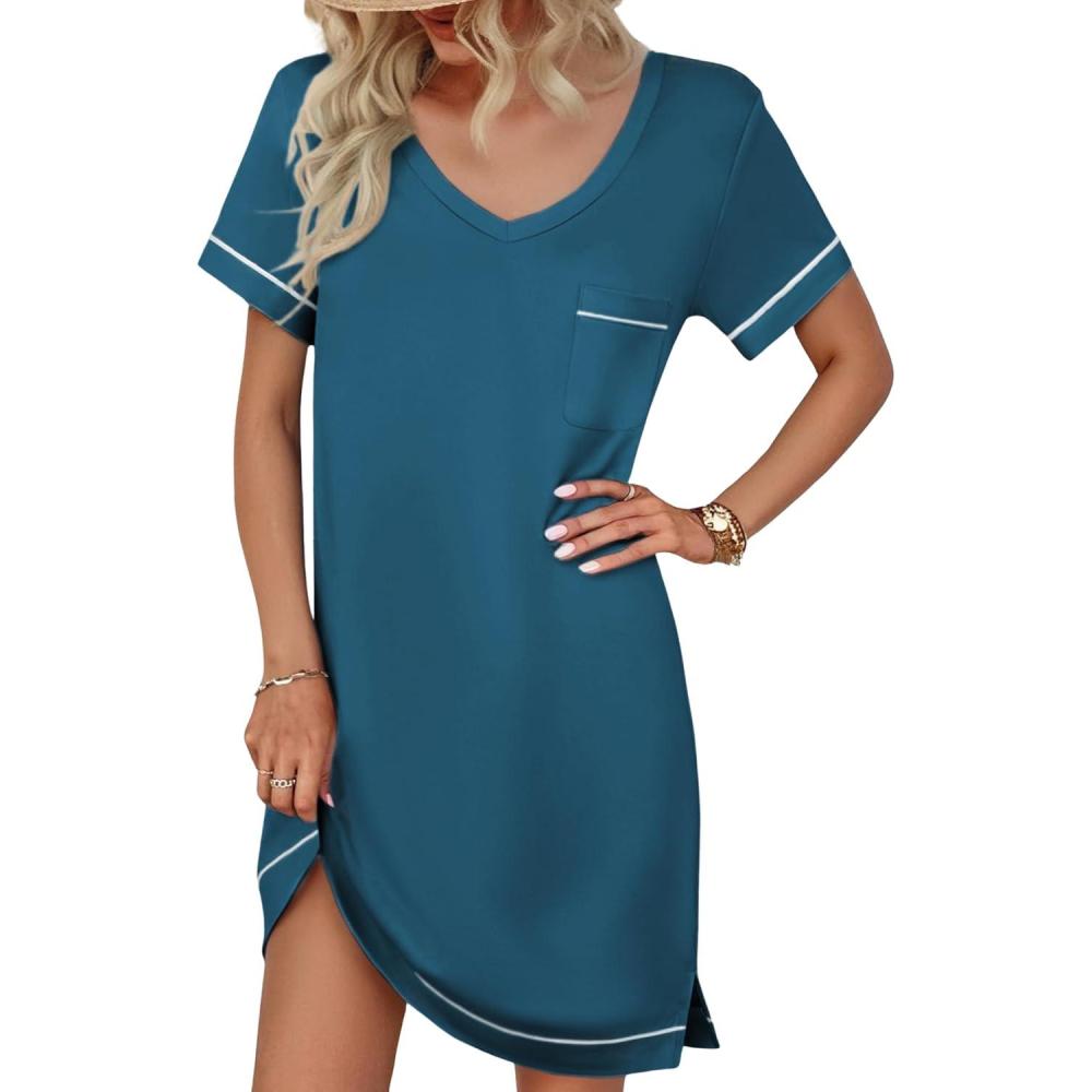 imageEkouaer Womens Nightgowns for Women Short Sleeves V Neck Sleepwear Plus Size Sleepshirt Short Nightshirt Tshirts Dress SXXLBlue Green