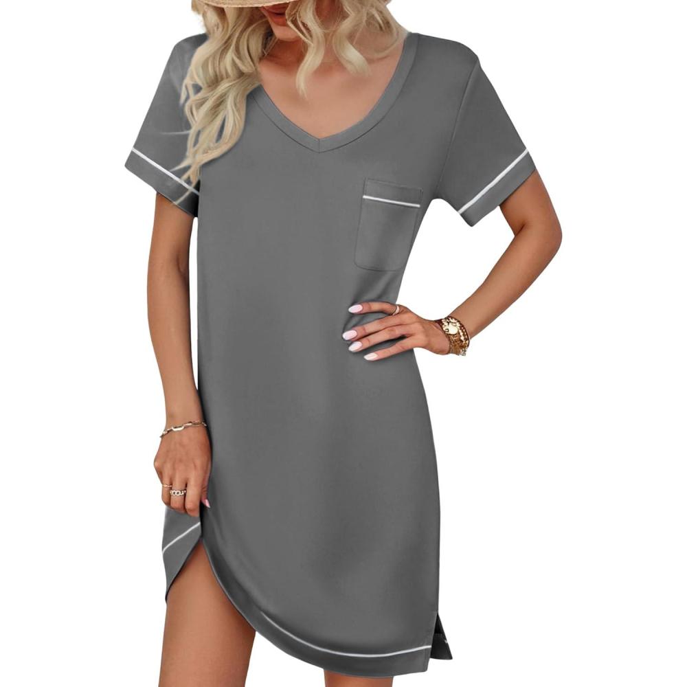 imageEkouaer Womens Nightgowns for Women Short Sleeves V Neck Sleepwear Plus Size Sleepshirt Short Nightshirt Tshirts Dress SXXLDark Grey