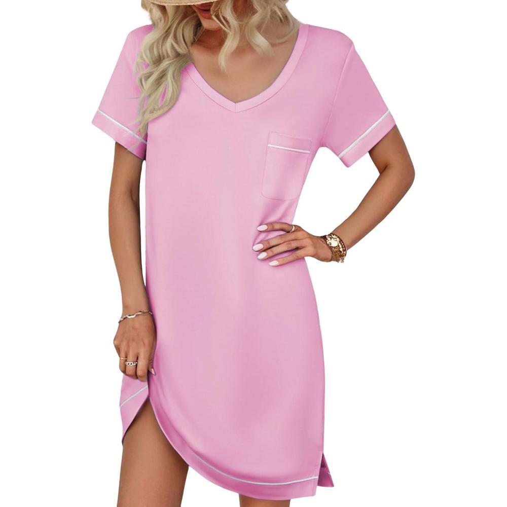 imageEkouaer Womens Nightgowns for Women Short Sleeves V Neck Sleepwear Plus Size Sleepshirt Short Nightshirt Tshirts Dress SXXLPink