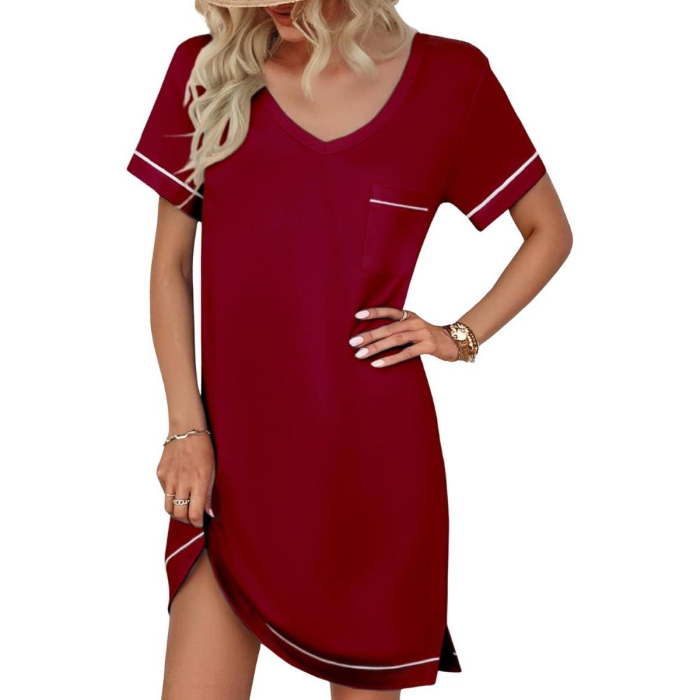 imageEkouaer Womens Nightgowns for Women Short Sleeves V Neck Sleepwear Plus Size Sleepshirt Short Nightshirt Tshirts Dress SXXLWine Red