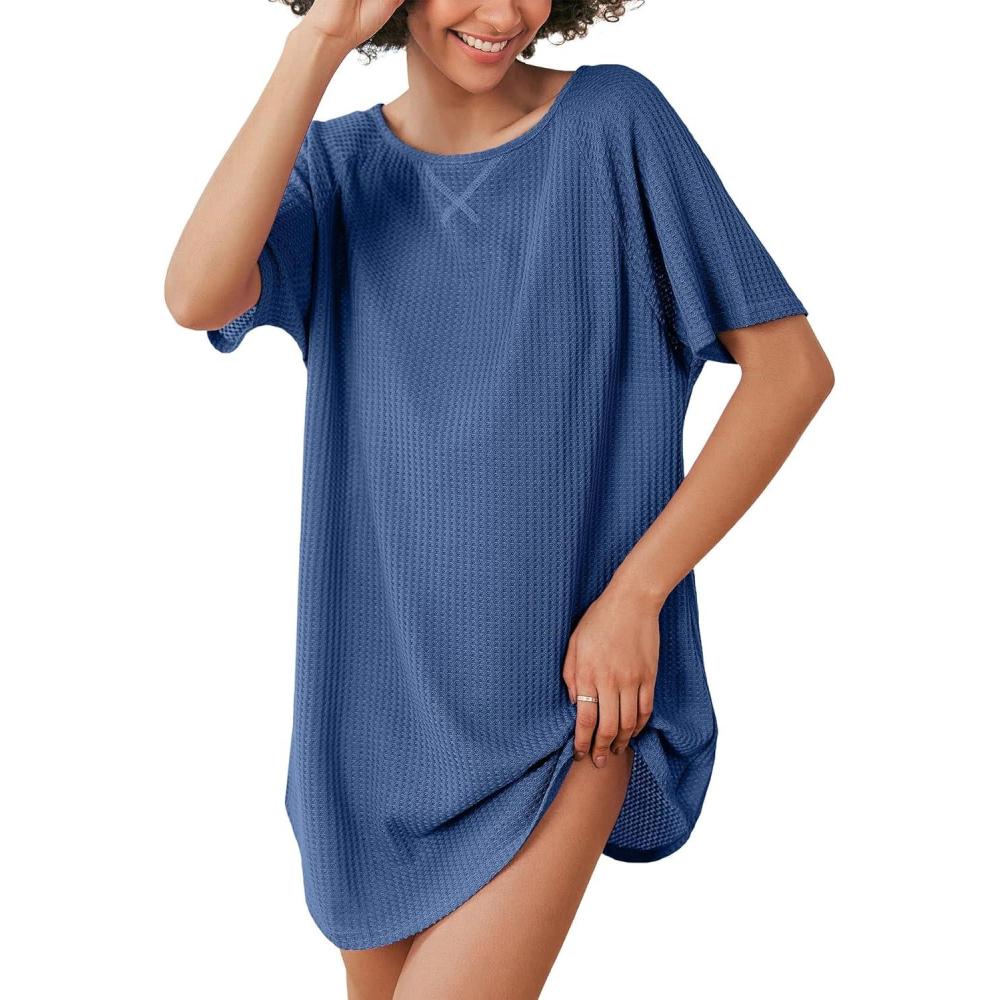 imageEkouaer Womens TShirt Nightgown Waffle Knit Short Sleeve Sleepshirts Comfy Casual Cover UpsDark Blue