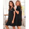Ekouaer Nightgowns for Women Button Down Pajamas Tops Short Sleeve Sleepwear V-Neck Sleepwear S-3XL(Black)