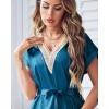Ekouaer Satin Nightgowns for Women Short Sleeve Nightshirt Silk Sleepwear Lace V Neck Pajama Dress S-XXL(Deep Blue)