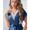 Ekouaer Satin Nightgowns for Women Short Sleeve Nightshirt Silk Sleepwear Lace V Neck Pajama Dress S-XXL(Navy Blue)