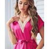 Ekouaer Satin Nightgowns for Women Short Sleeve Nightshirt Silk Sleepwear Lace V Neck Pajama Dress S-XXL(Rose Red)