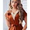 Ekouaer Satin Nightgowns for Women Short Sleeve Nightshirt Silk Sleepwear Lace V Neck Pajama Dress S-XXL(Rust Brown)
