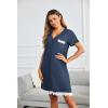 Ekouaer Women Striped Nightgowns Button Down Sleepshirts Short Sleeves Nightshirts(Dark Blue)