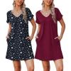 Ekouaer Womens 2 Pack Nightgown V Neck Sleepshirt Short Sleeve Nightshirt Soft Sleep Dress with Pockets(Black Star+wine Red)