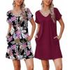 Ekouaer Womens 2 Pack Nightgown V Neck Sleepshirt Short Sleeve Nightshirt Soft Sleep Dress with Pockets(Leaf+wine Red)