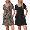 Ekouaer Womens 2 Pack Nightgown V Neck Sleepshirt Short Sleeve Nightshirt Soft Sleep Dress with Pockets(Leopard+black)