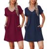 Ekouaer Womens 2 Pack Nightgown V Neck Sleepshirt Short Sleeve Nightshirt Soft Sleep Dress with Pockets(Navy Blue+wine Red)